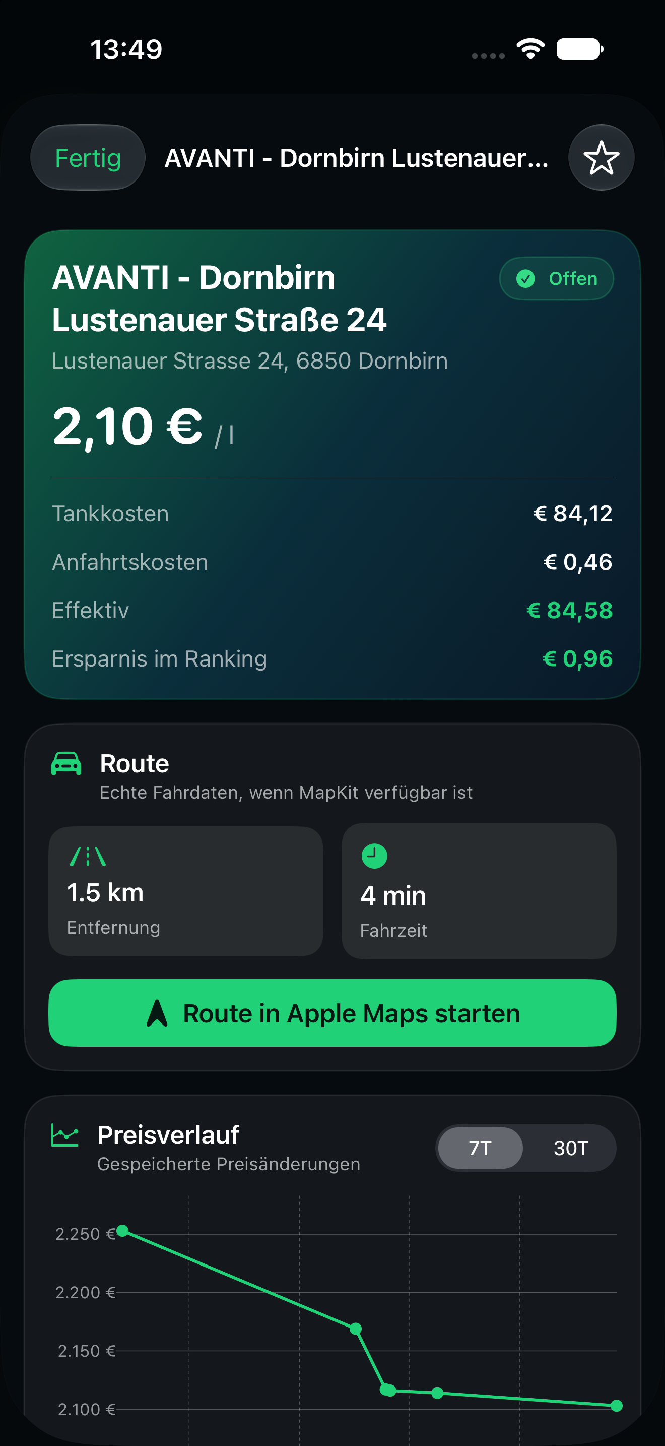 Stationsdetails in AI Fuel Assistant mit Preis, geschätzten Kosten, Route und Preisverlauf.