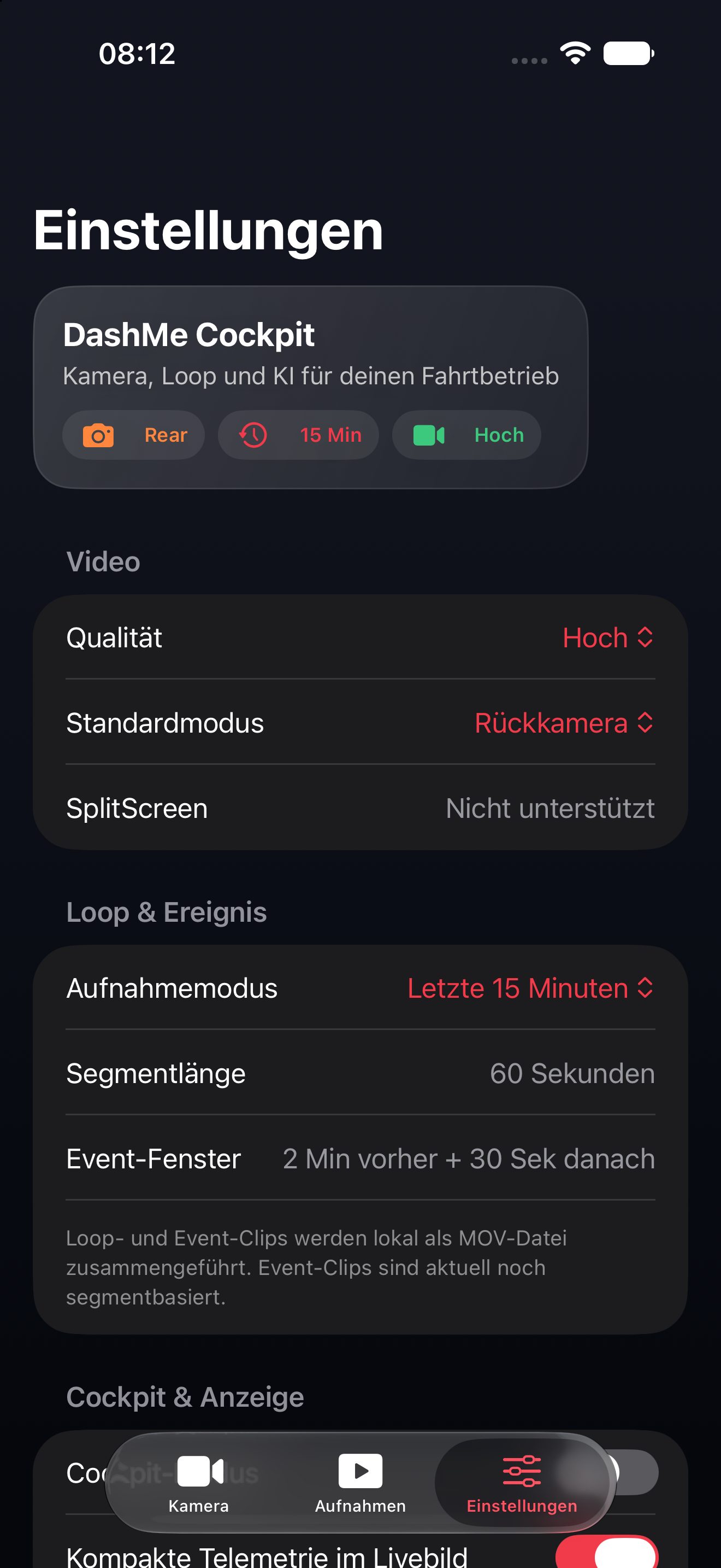 DashMe-Einstellungen für Kameraqualität, Loop und Ereignisfenster.