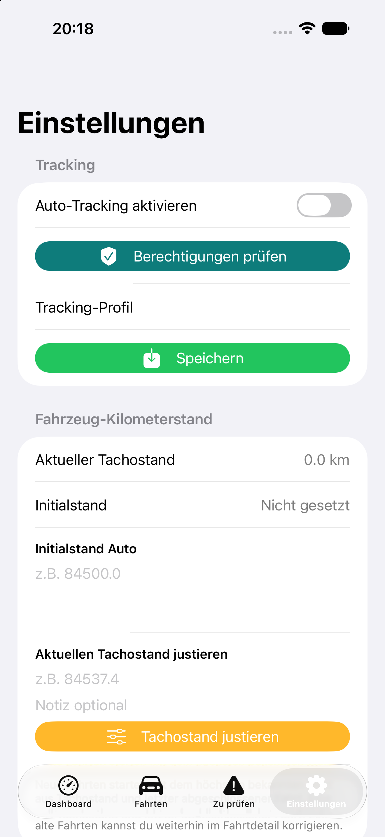 DriveLog-Einstellungen für automatisches Tracking, Berechtigungen und Kilometerstände.