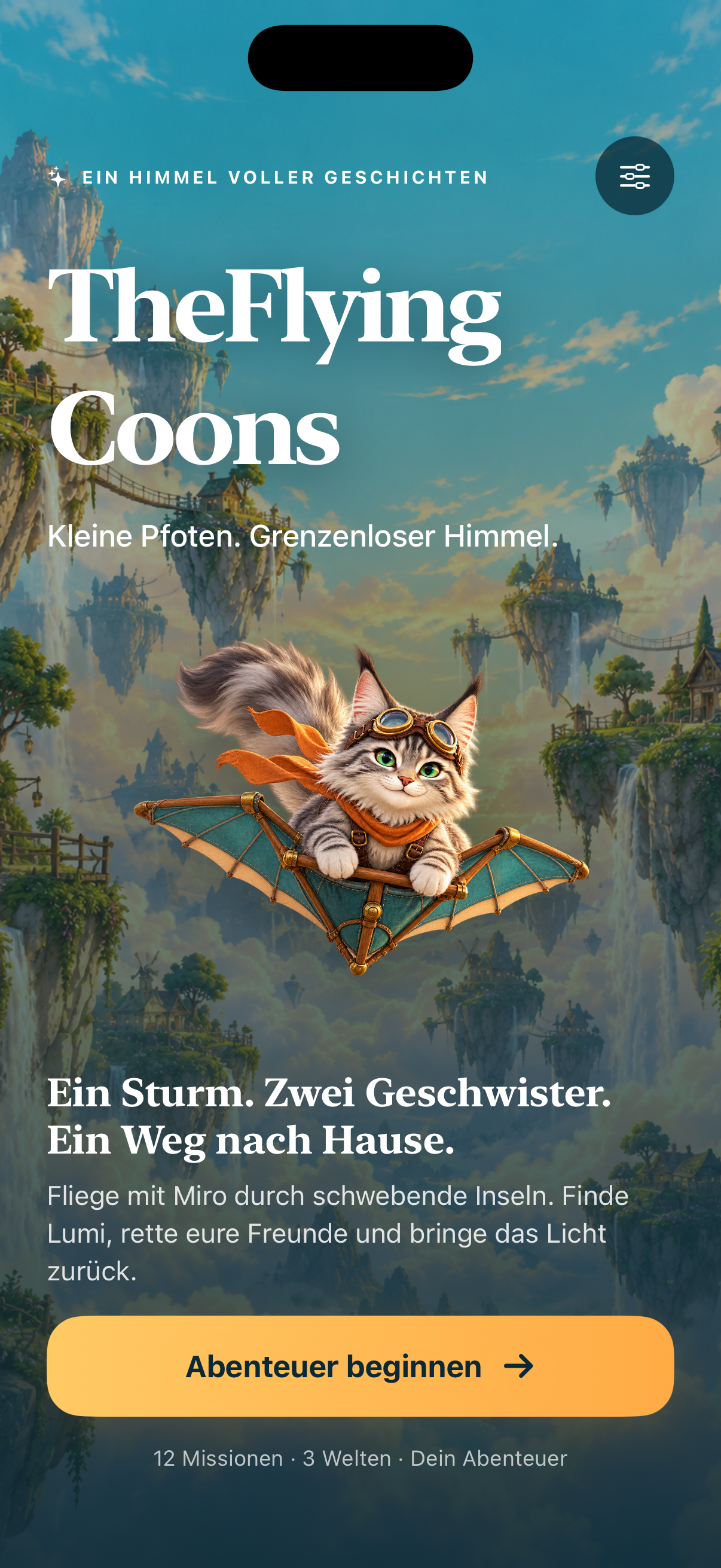 Originales animiertes Intro des Maine-Coon-Flugspiels mit Miro auf seinem Gleiter.